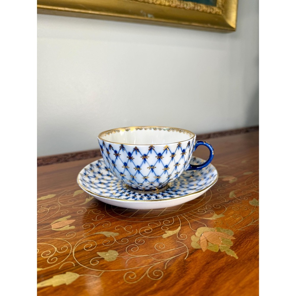 Vintage Lomonosov Cobalt Net Teacup & Saucer • Russian Porcelain with Stand